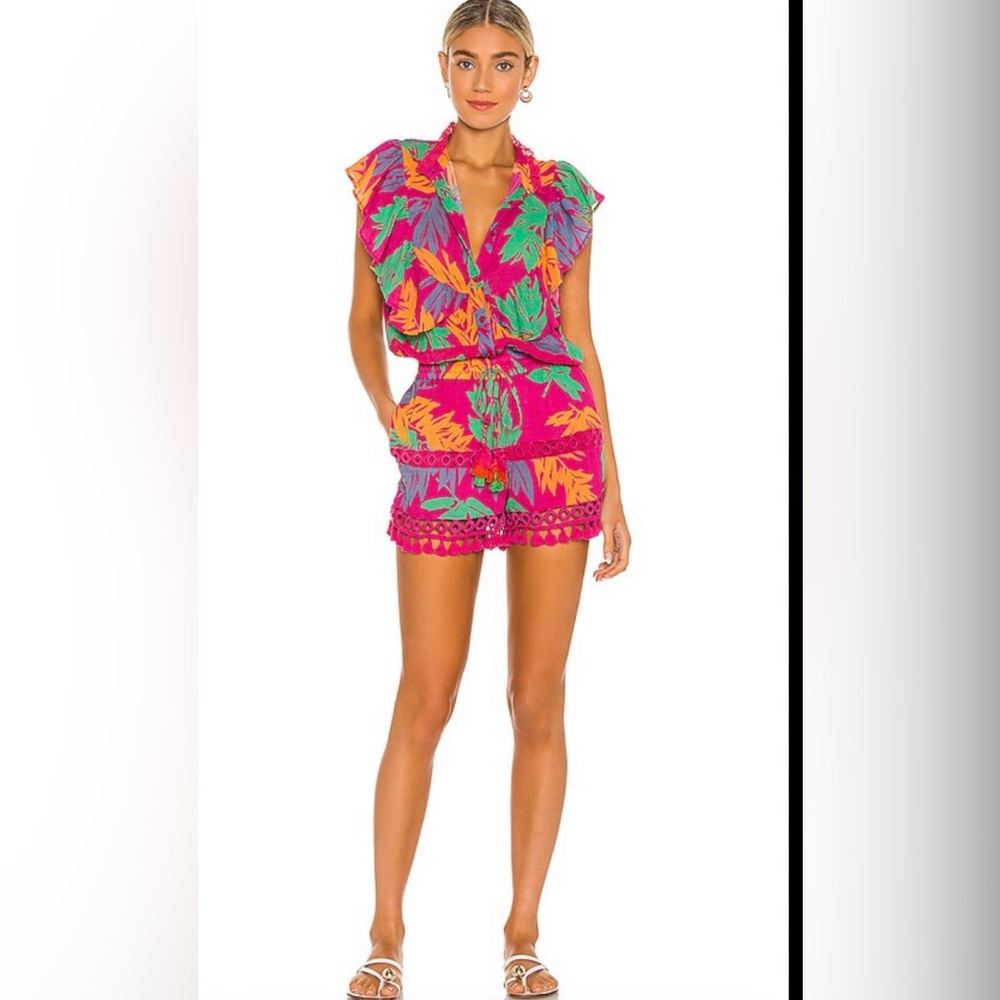 Le Belair Romper in Hot Pink Tropical Leaf Print